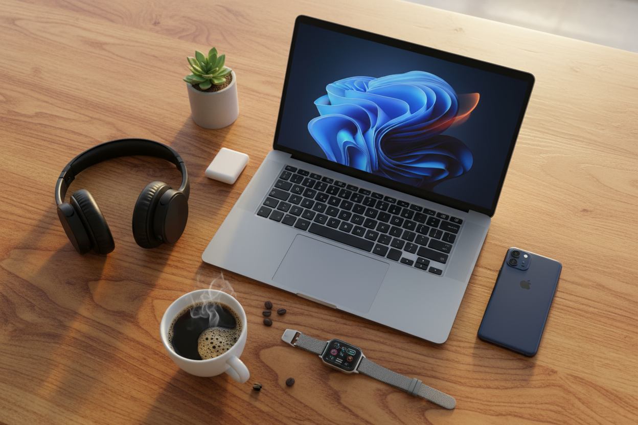 wood table with gadgets